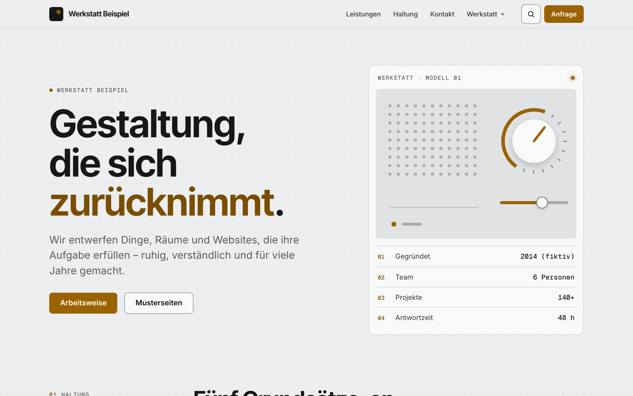 Startseite im Kit „Essenz“: Geräte-Paneel mit Regler, orangefarbene Signalfarbe und nummerierte Kennwerte (Demo „Werkstatt Beispiel“)