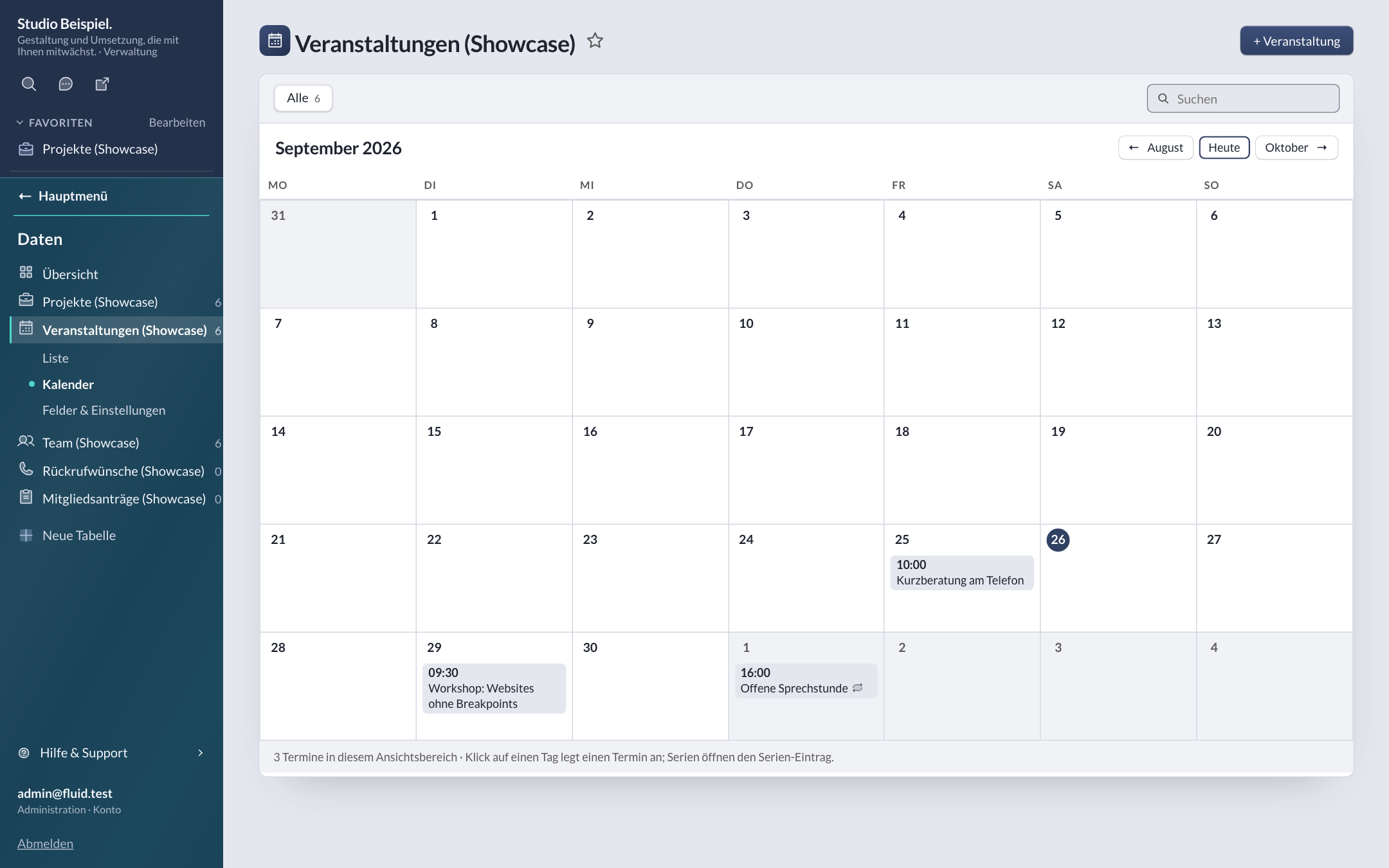 Kalenderansicht der Tabelle „Veranstaltungen“: Monatsraster September 2026 mit Terminen