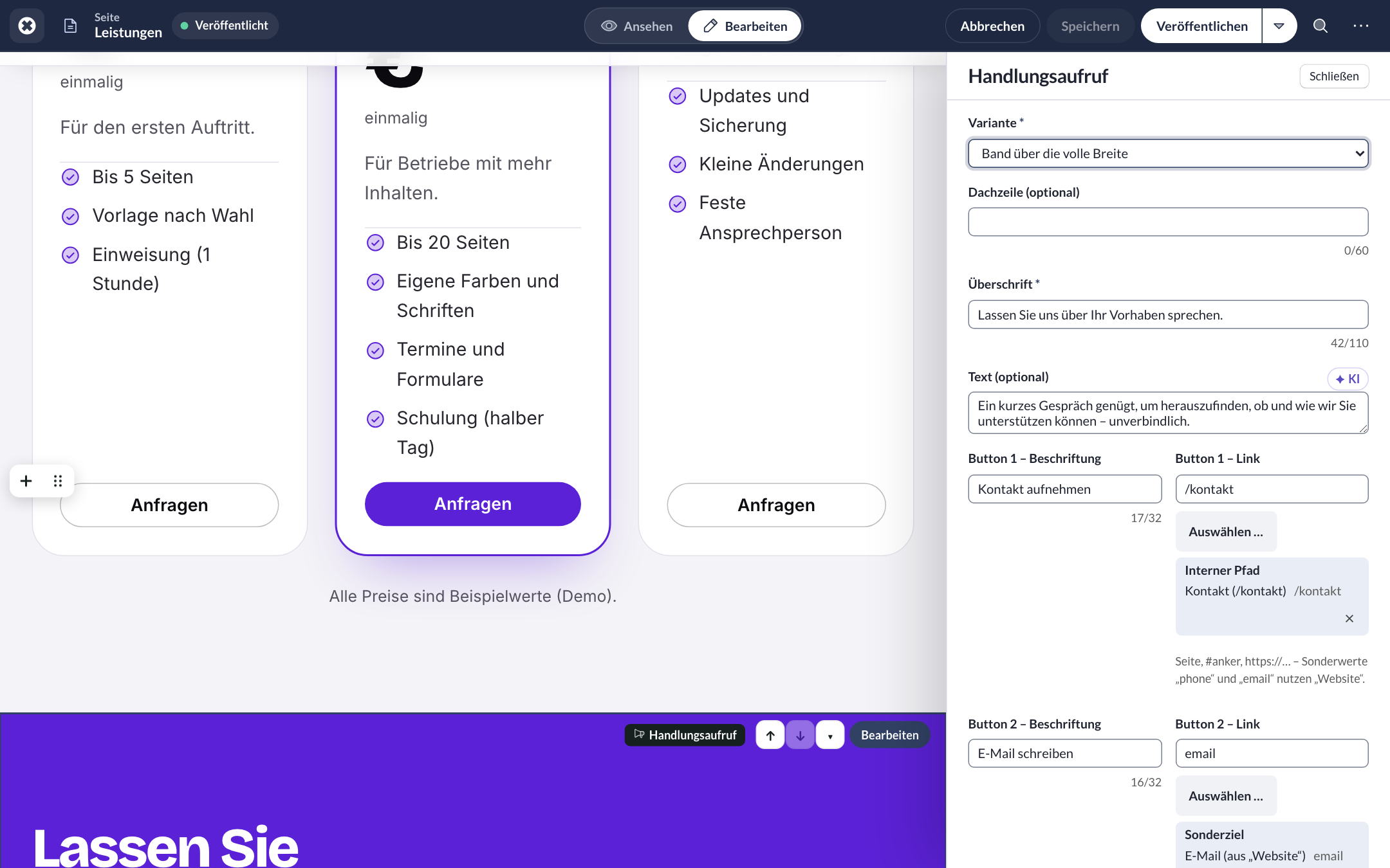Seitenleiste eines Blocks „Handlungsaufruf“: Variante, Dachzeile, Überschrift, Text und Button-Links mit Auswahl interner Seiten