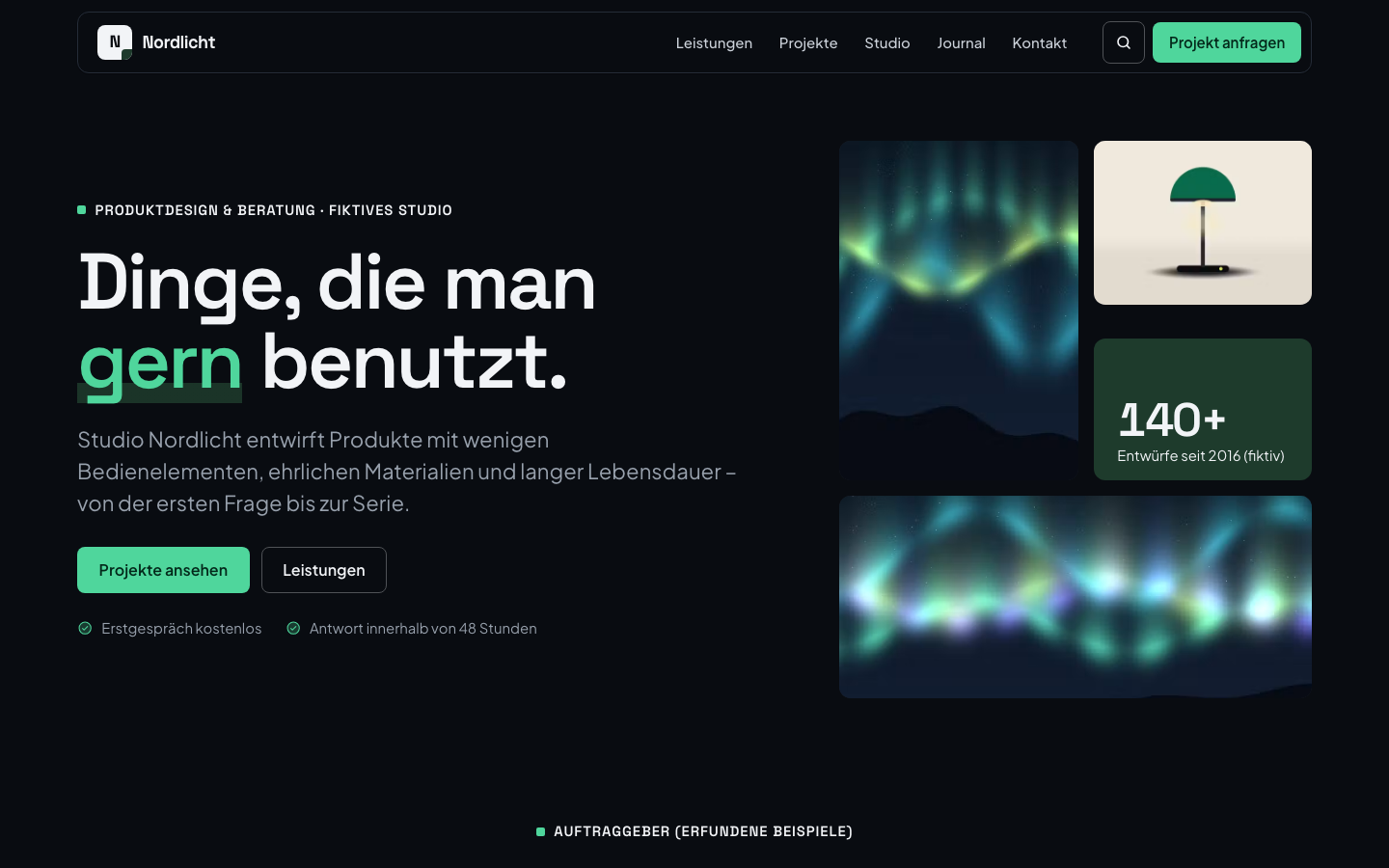 Das Kit „Modern“ im dunklen Farbschema: fast schwarzer Grund, Limette als Akzent, Bento-Raster