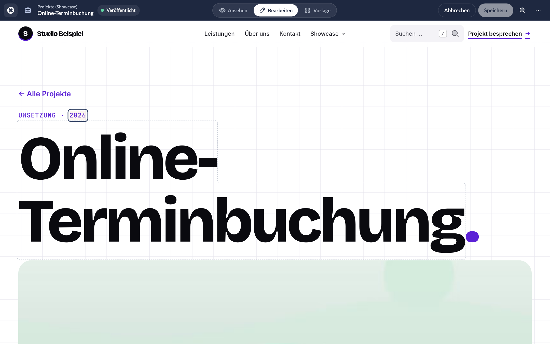 Detailseite eines Projekts im Bearbeiten-Modus: der Eintrag wird direkt auf der Website bearbeitet
