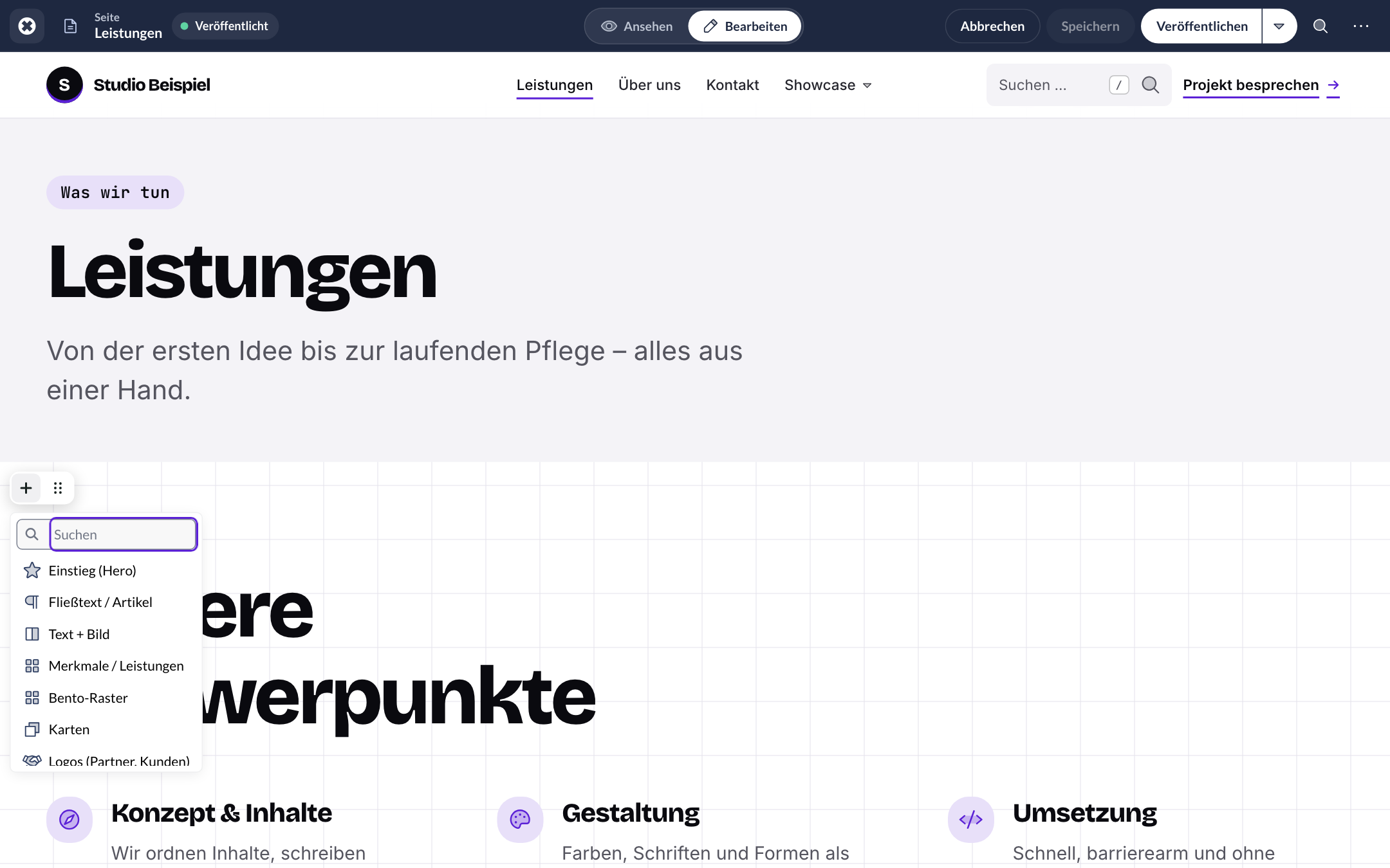 Auswahl „Block einfügen“ mit Suchfeld und Blocktypen wie Fließtext, Text + Bild, Merkmale und Karten