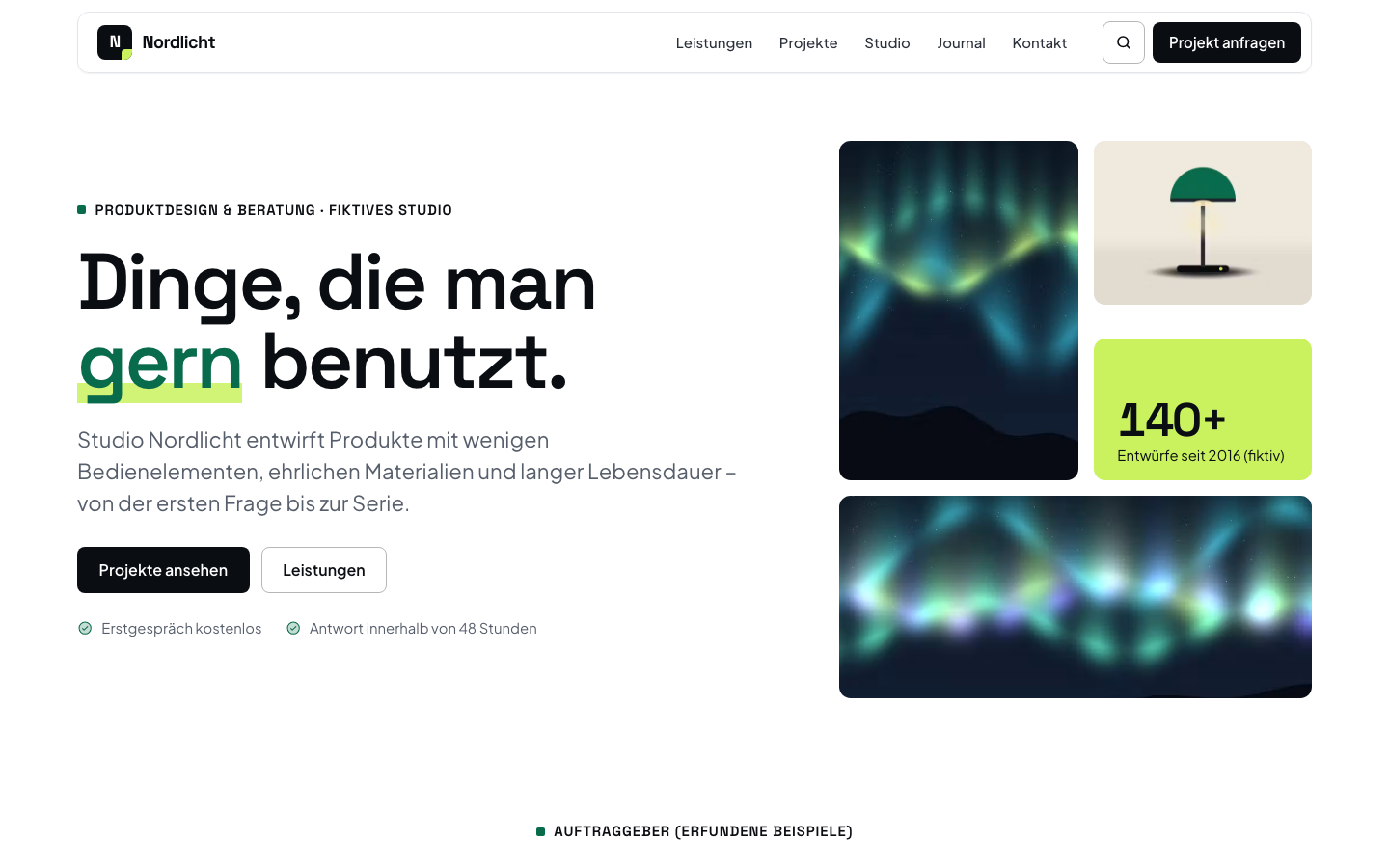 Startseite im Kit „Modern“: Überschrift „Dinge, die man gern benutzt.“ mit hervorgehobenem Wort in Limette, daneben ein Bento-Raster aus Bildkacheln und einer Kennzahl (Demo „Studio Nordlicht“, fiktiv)