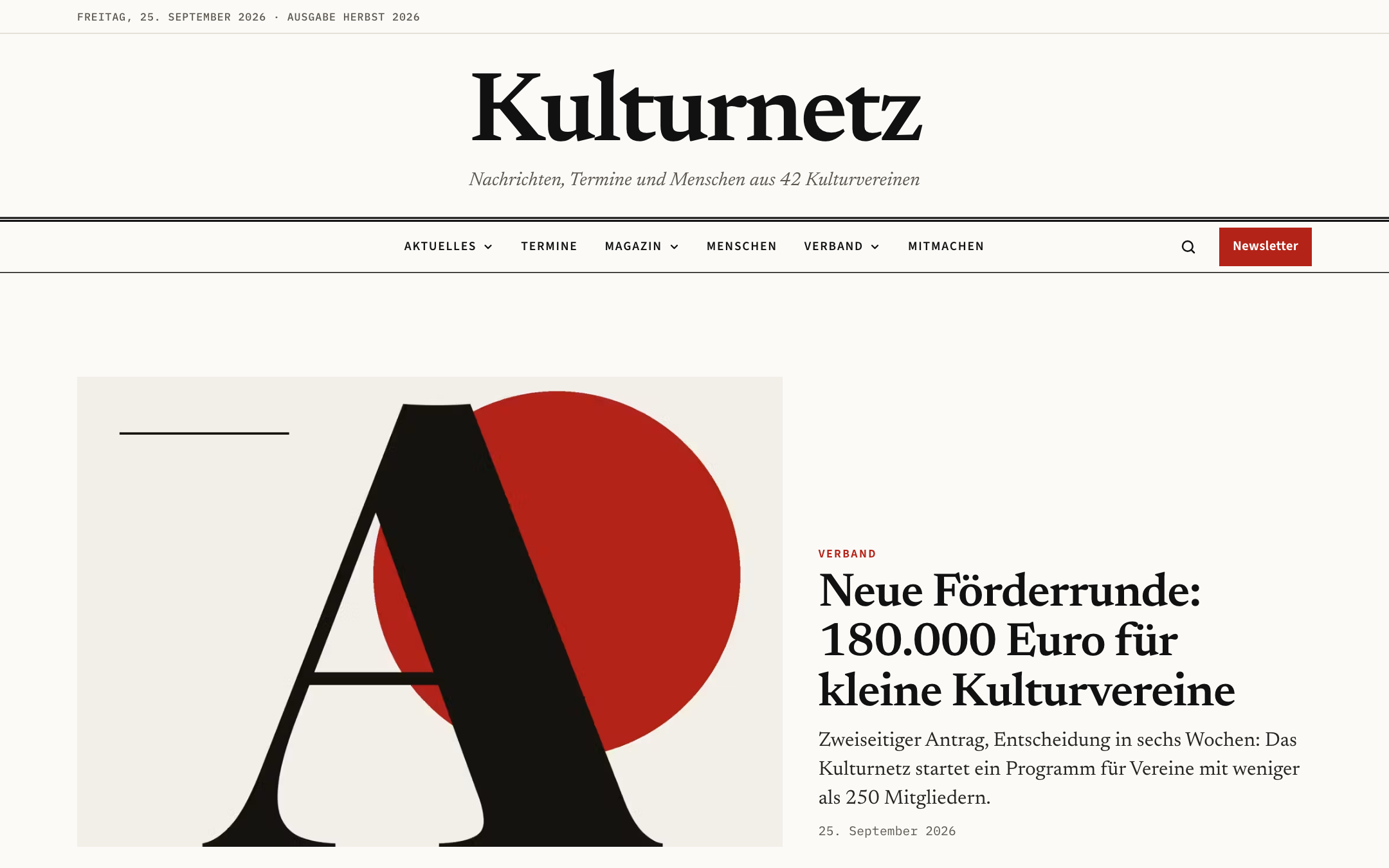Startseite im Kit „Editorial“: Zeitungskopf „Kulturnetz“, Rubrikenleiste und Aufmacher mit großer Grafik (Demo)