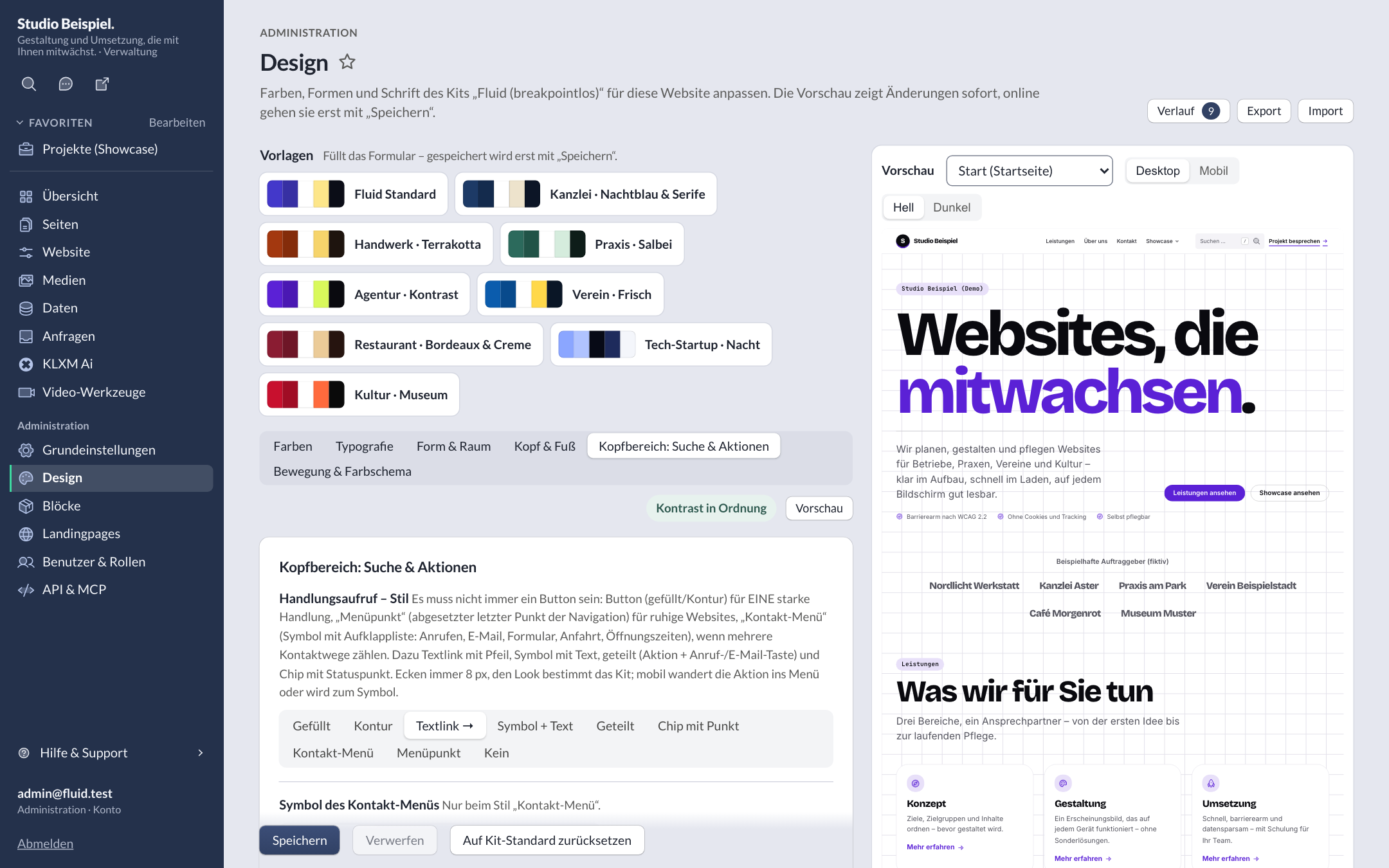 Style-Editor, Reiter „Kopfbereich: Suche & Aktionen“: Stile für den Handlungsaufruf von „Gefüllt“ bis „Kontakt-Menü“ und „Menüpunkt“, rechts die Live-Vorschau mit Suchfeld und Textlink im Kopf