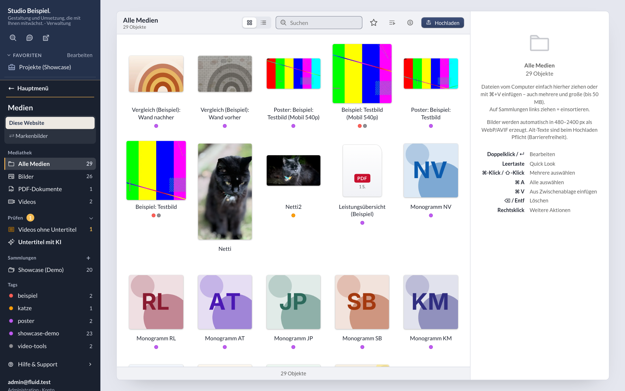 Mediathek im Finder-Stil: Raster mit Katzenfotos, Monogrammen und Grafiken, links Sammlungen und Tags, rechts Tastenkürzel